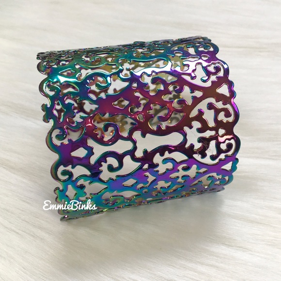 New Hollowed Out Scroll Metal Oil Slick Holographic Cuff Bracelet - Picture 8 of 16